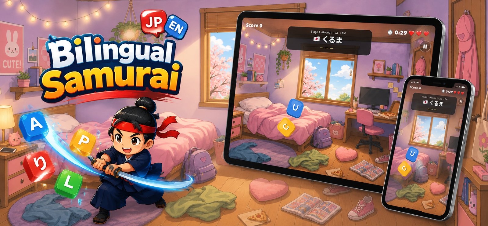 Bilingual Samurai shown on iPad and iPhone side by side