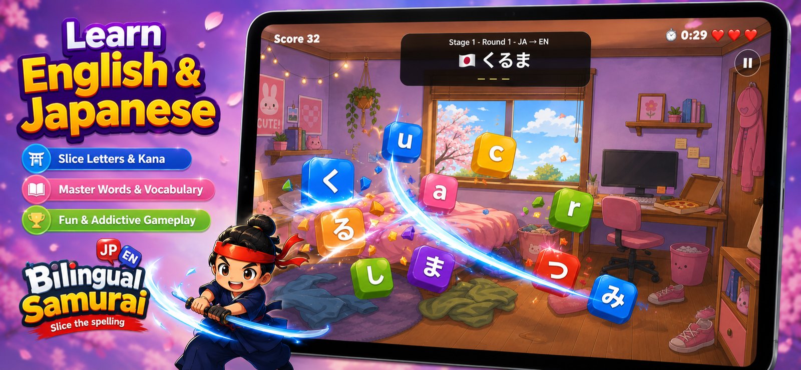 Bilingual Samurai gameplay showing a chibi samurai slicing letter and kana tiles across iPad and iPhone screens